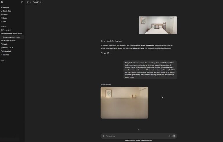 ChatGPT screenshot of interior design rendering for an Airbnb rental