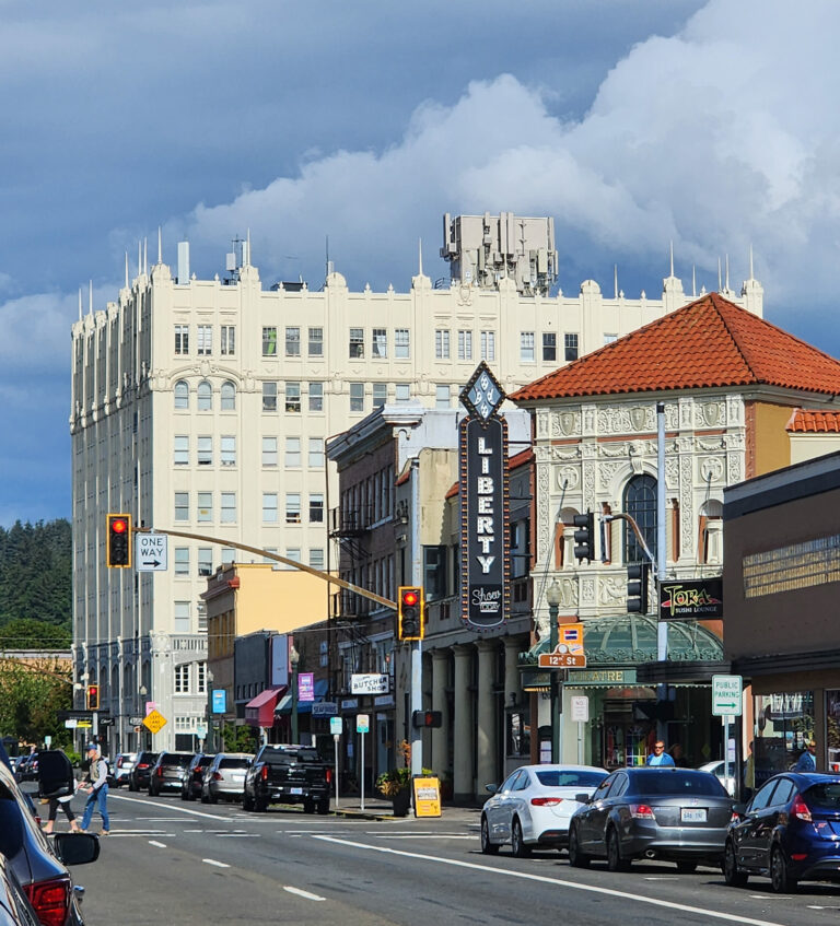 Art deco streetscape of Astoria, Oregon's commercial district