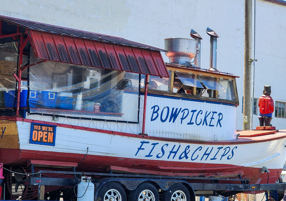 the Bowpicker famous fish and chip shop on a boat trailer, Astoria, Oregon