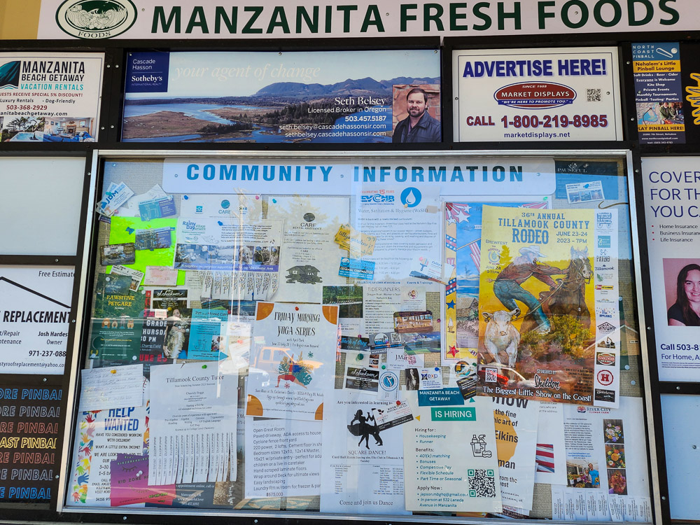 a full bulletin board of community events and notices in Manzanita, Oregon