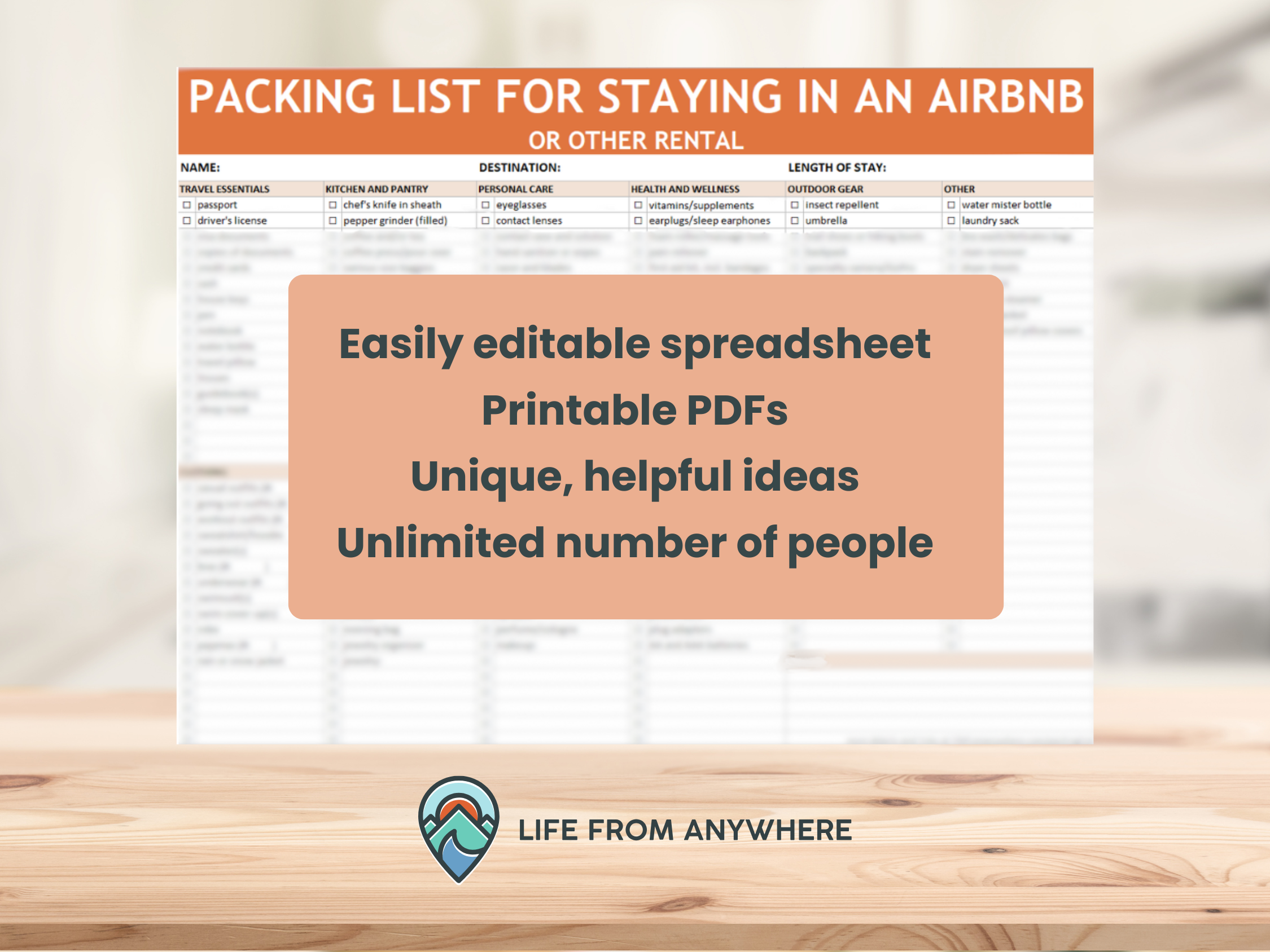 screenshot of a packing list with features listed