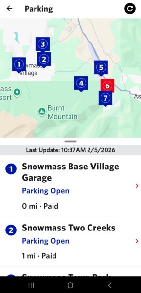 screenshot of the Aspen Snowmass app showing available parking